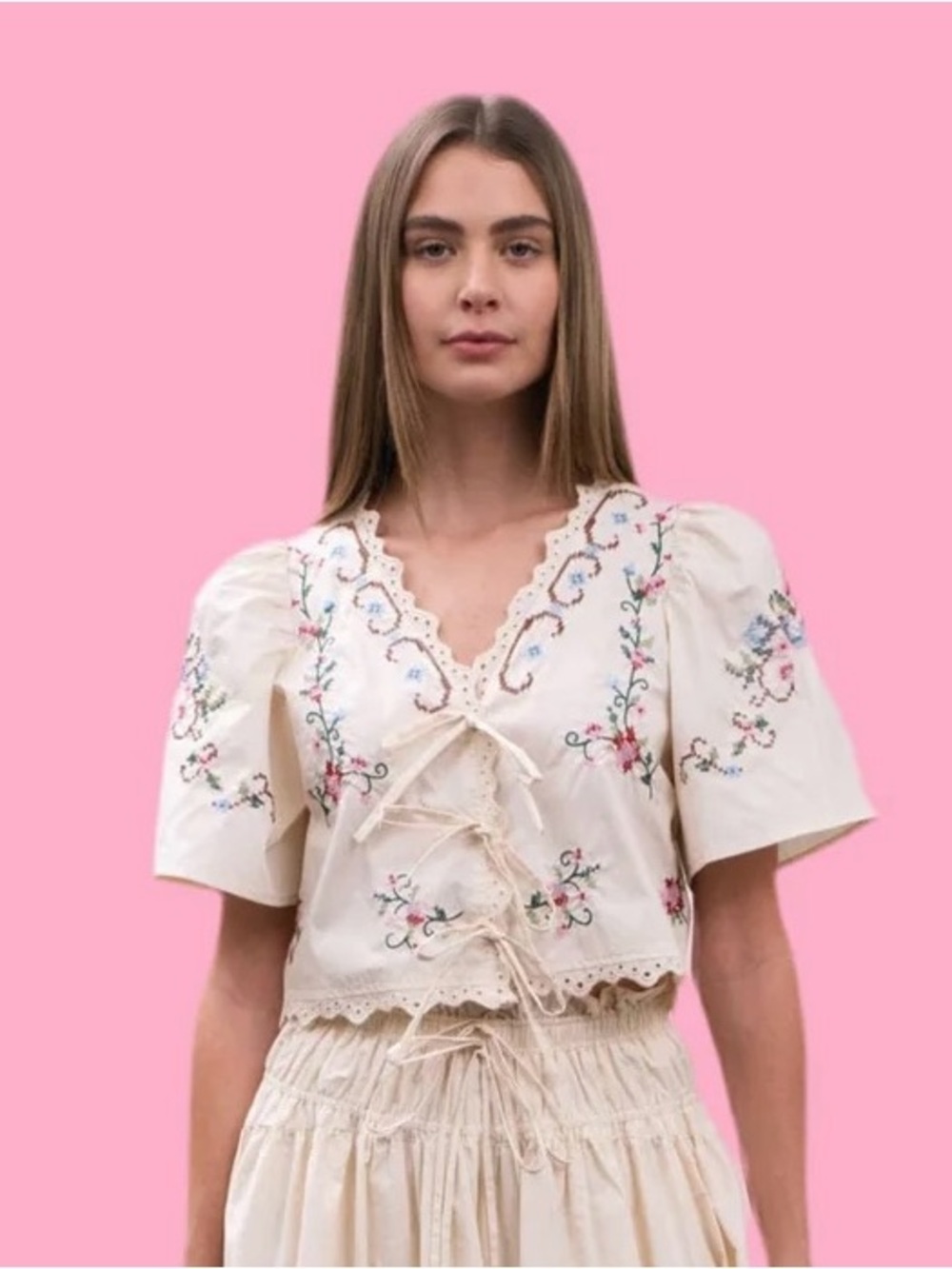 Embroidered Lace-Up Cream Peasant Top